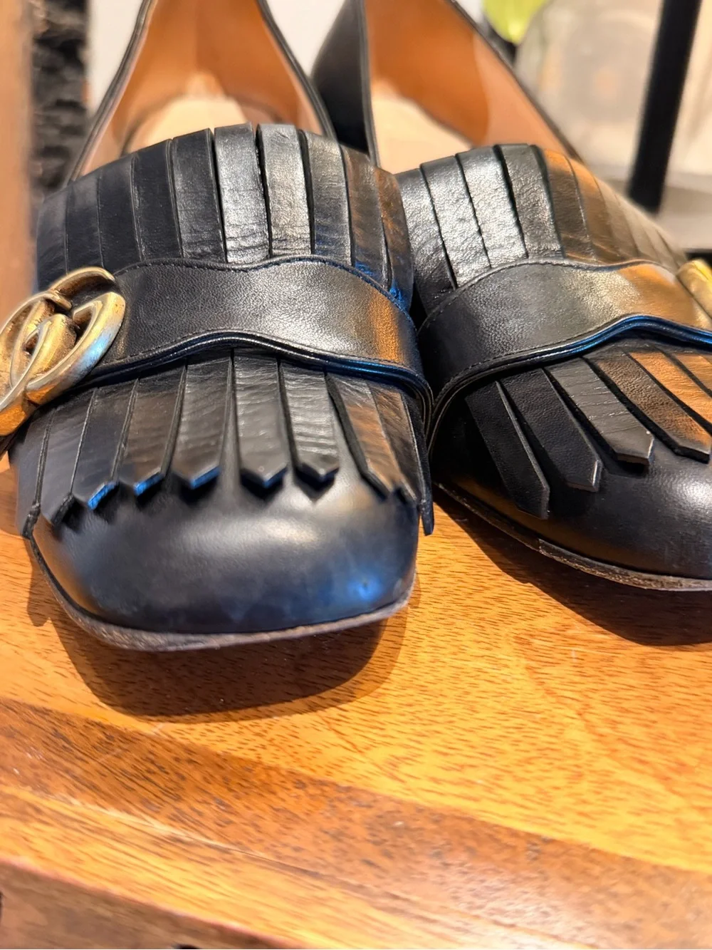 Gucci Black Leather Kiltie Loafers with Gold Double G size 7